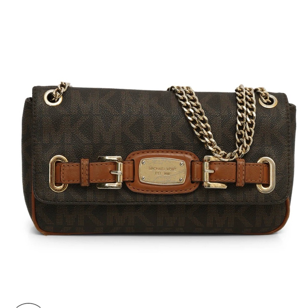 Michael Kors Brown Monogram Clutch with Gold Chain